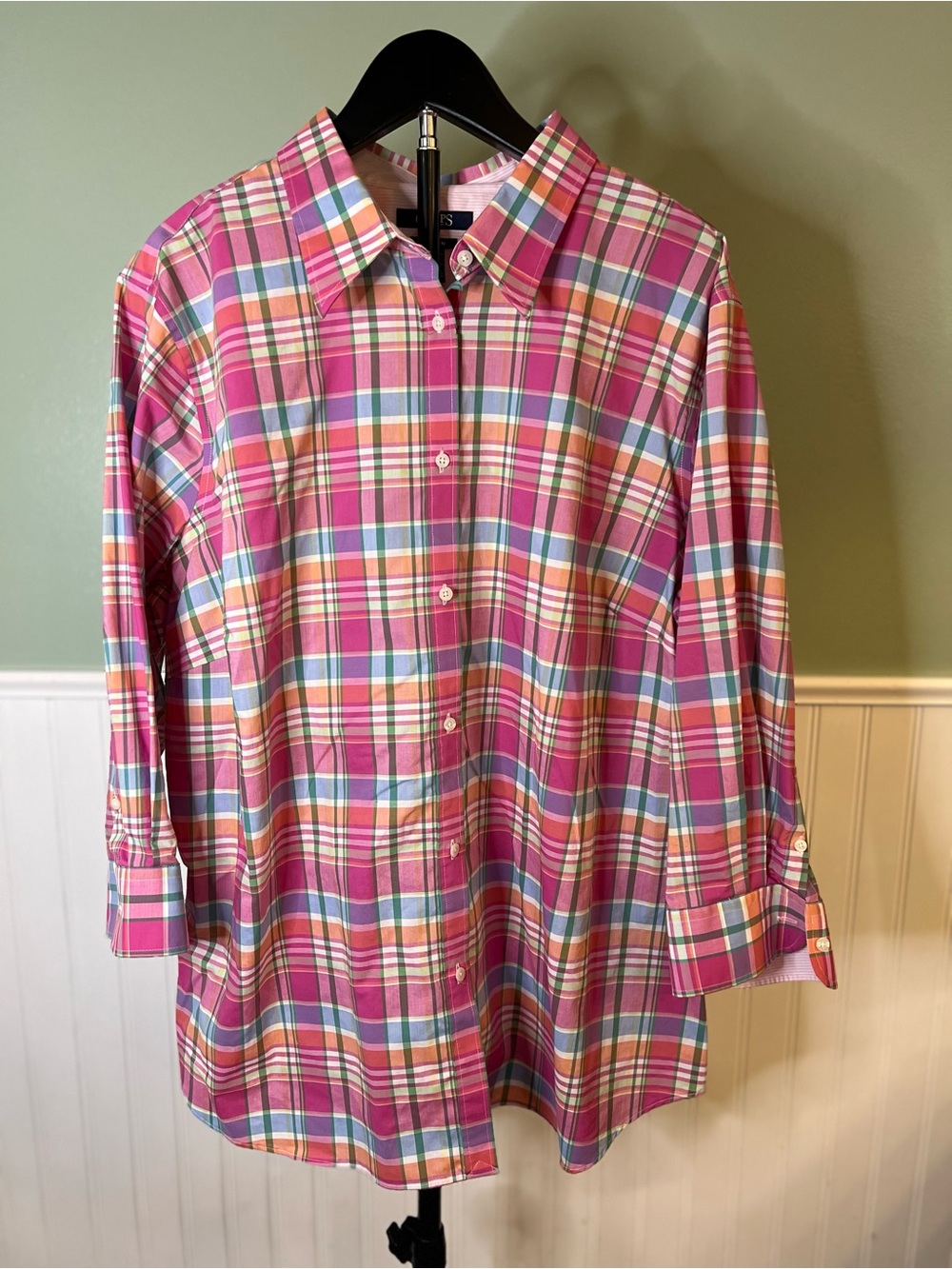 Chaps Plus Size No Iron Pink Multi Colored Pastel Plaid Cotton Shirt Size 2X